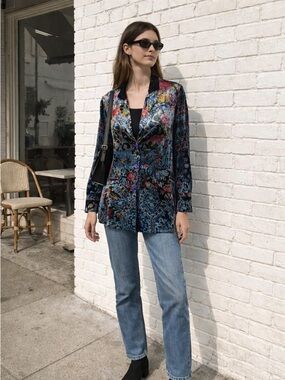 Johnny Was Multicolor Velvet Button-Down Blouse - Blue Floral Mix